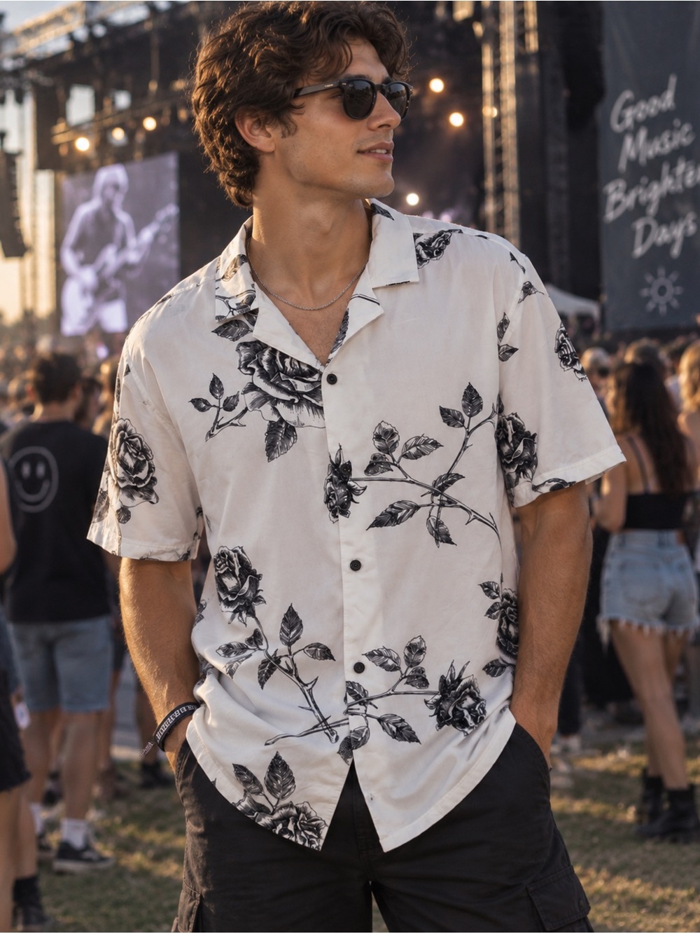 Good Vibes Drill Clothing Co Mens 2X Black Rose Floral Camp Shirt Button Up
